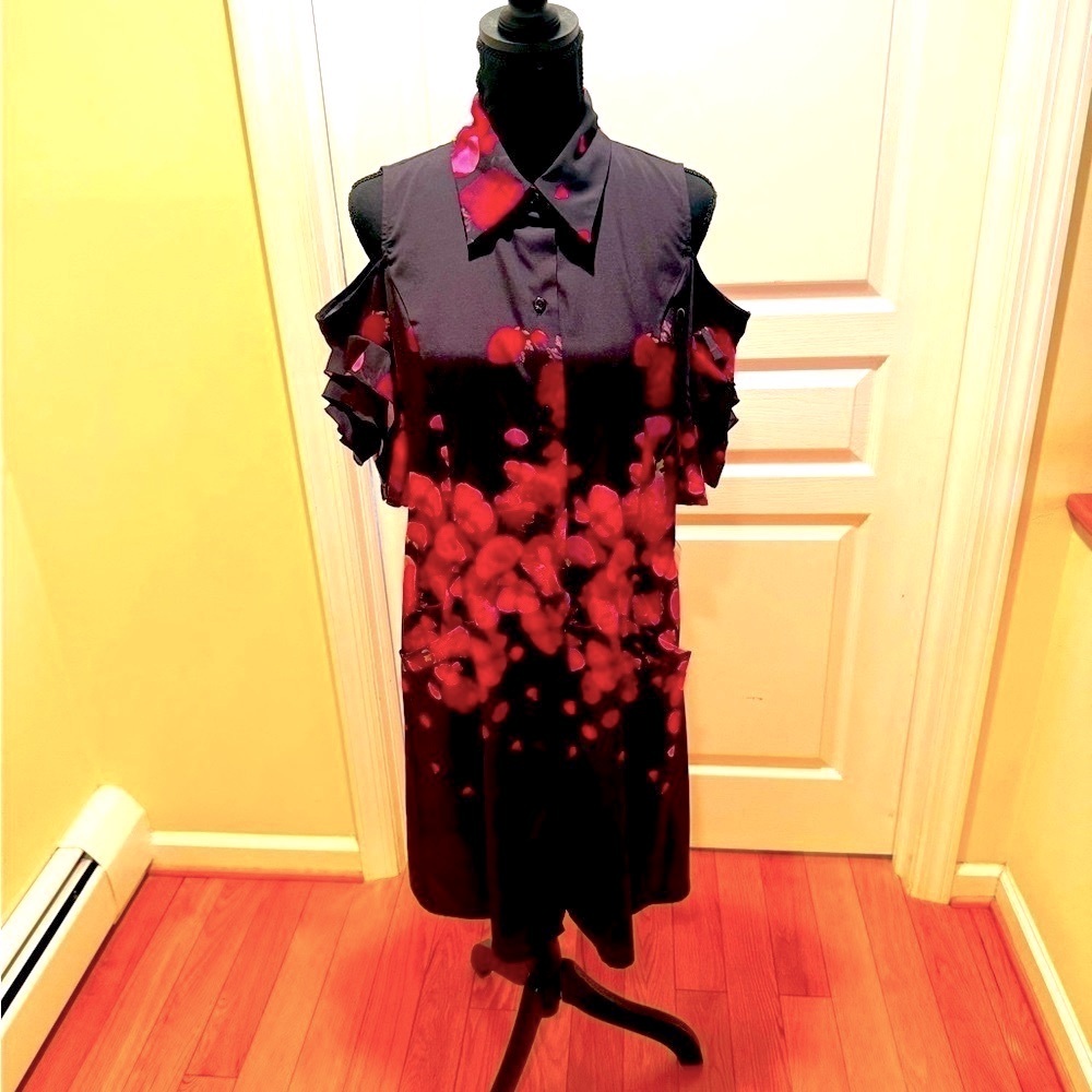 🔥Samuel Dong BlackCold Shoulder Dress with Pink FloralAccents and Flower details